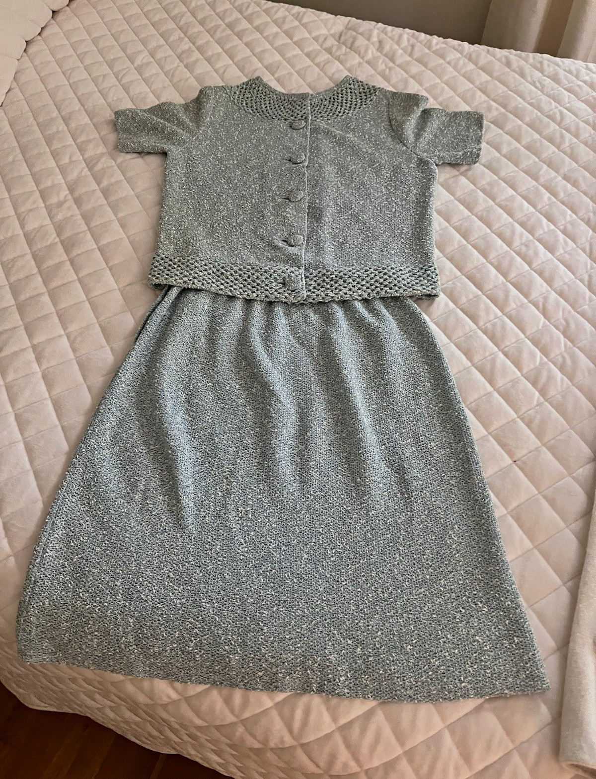 R&K Knits 2-Piece Knit Sweater & Skirt Set M Aqua/ White Vintage mid 70’s.