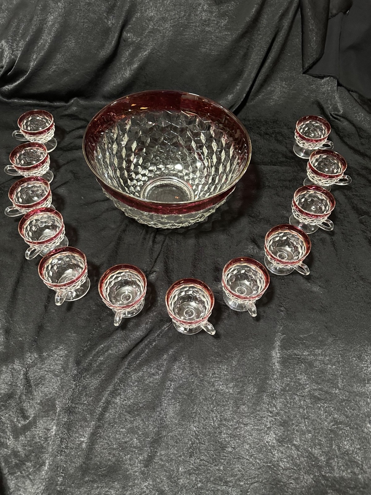 INDIANA GLASS Whitehall Colony Ruby Flash Punch Bowl Set, 12 Cups. CUBES INDIANA GLASS Whitehall Colony Ruby Flash Punch Bowl Set, 12 Cups. CUBES