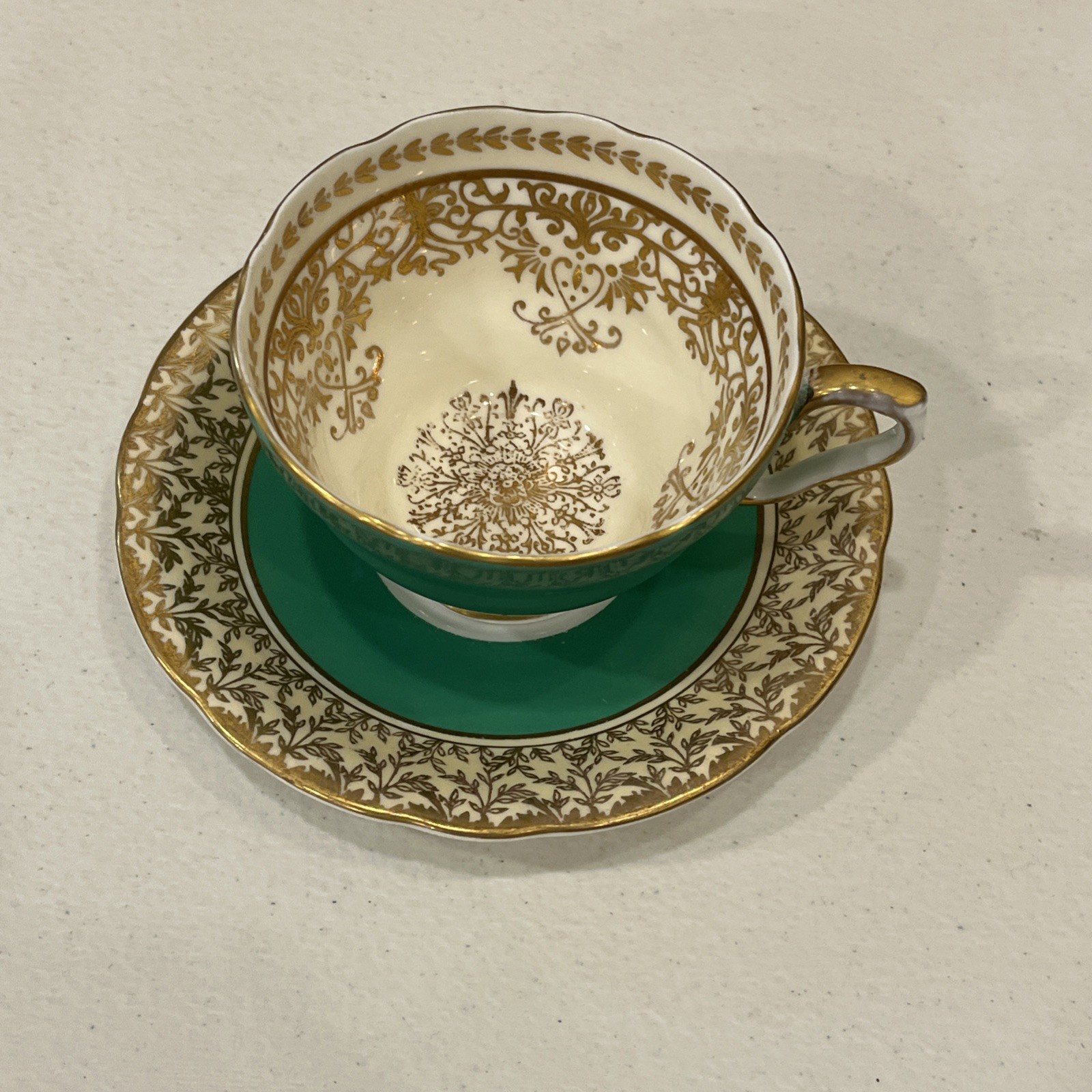 Vintage Aynsley Tea Cup And Saucer Green and Gold, Rare HTF Version Antique