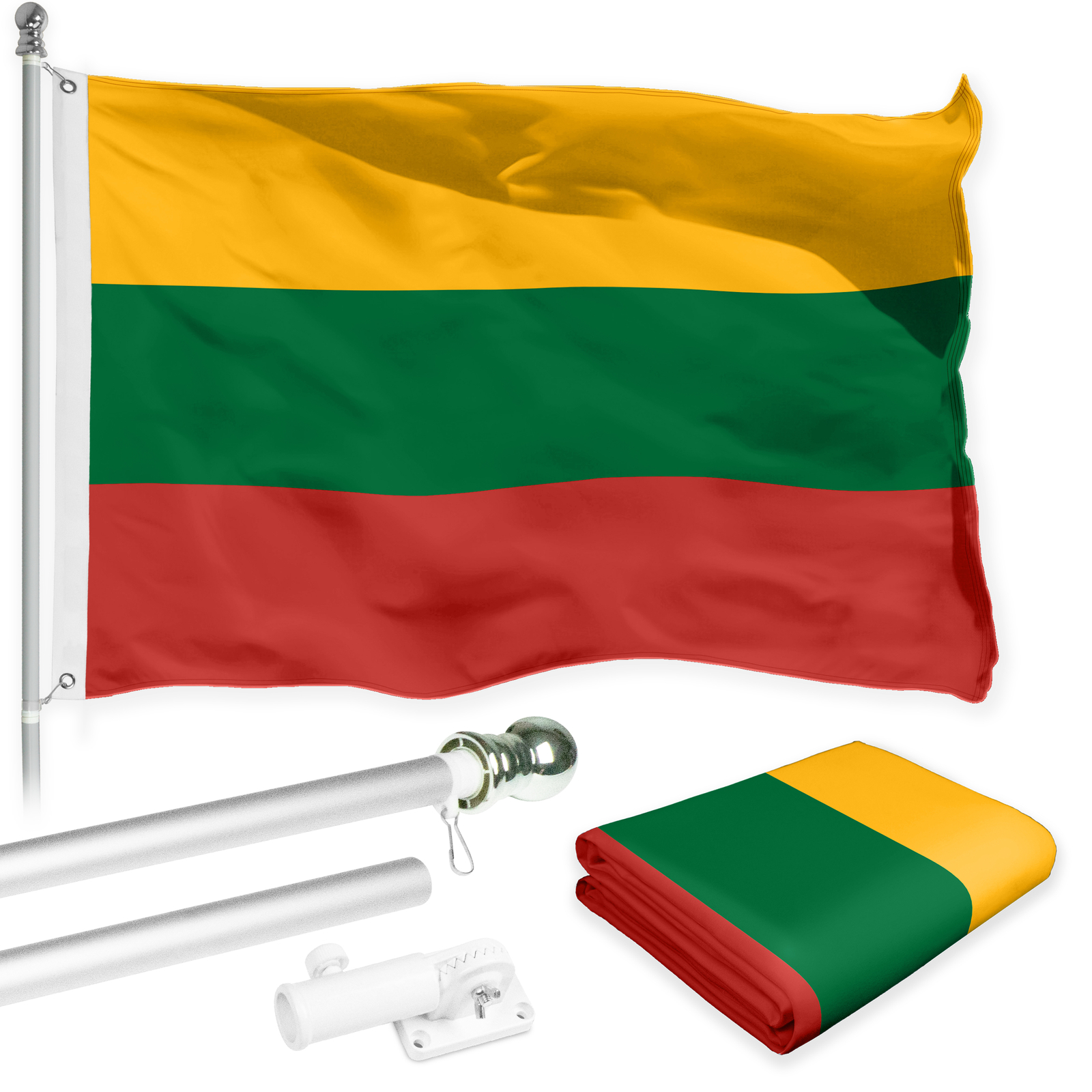 NEW G128 Lithuania Flag & Flagpole Set, 6FT Silver Pole and 3x5FT 150D Flag