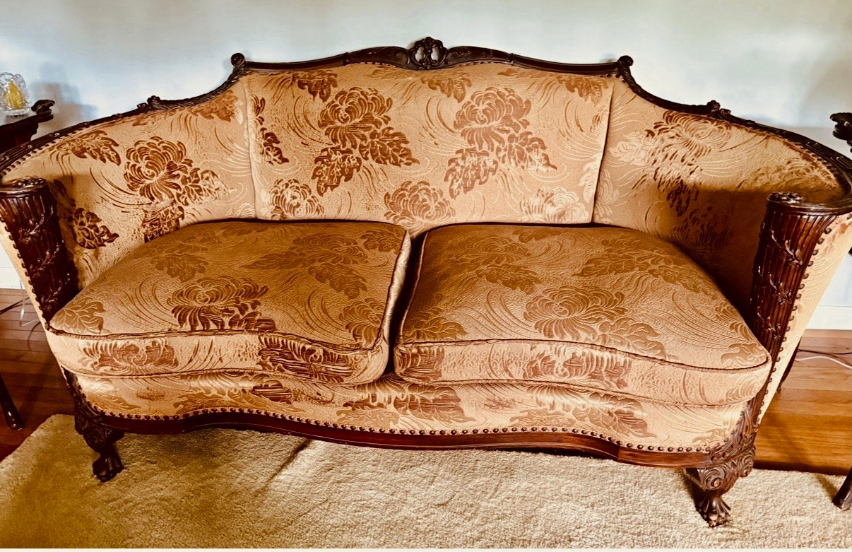 Vintage Mid-Century Carved Wood Camelback Sofa Floral Brocade Beige 70\
