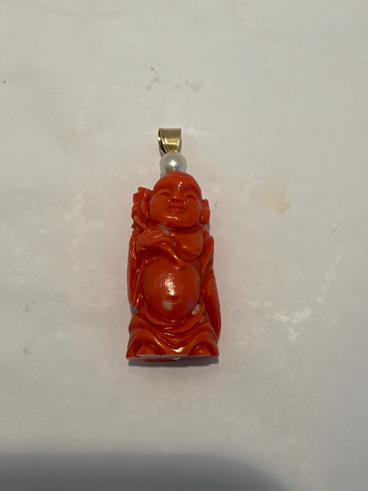 Vintage Carved Coral Buddha Pendant: Antique Chinese with Gold and pearl Bail