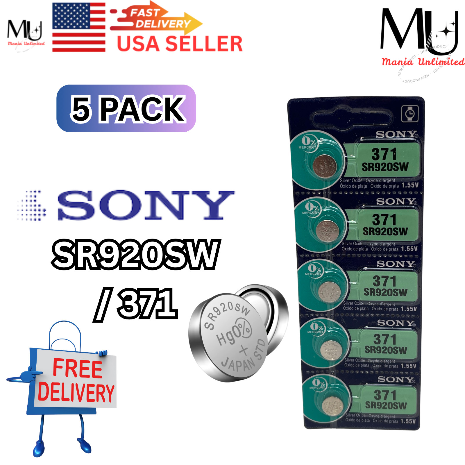5X SONY 371 SR920SW SW920w 370 Coin Battery US Seller Expire Date 2030 Low Drain