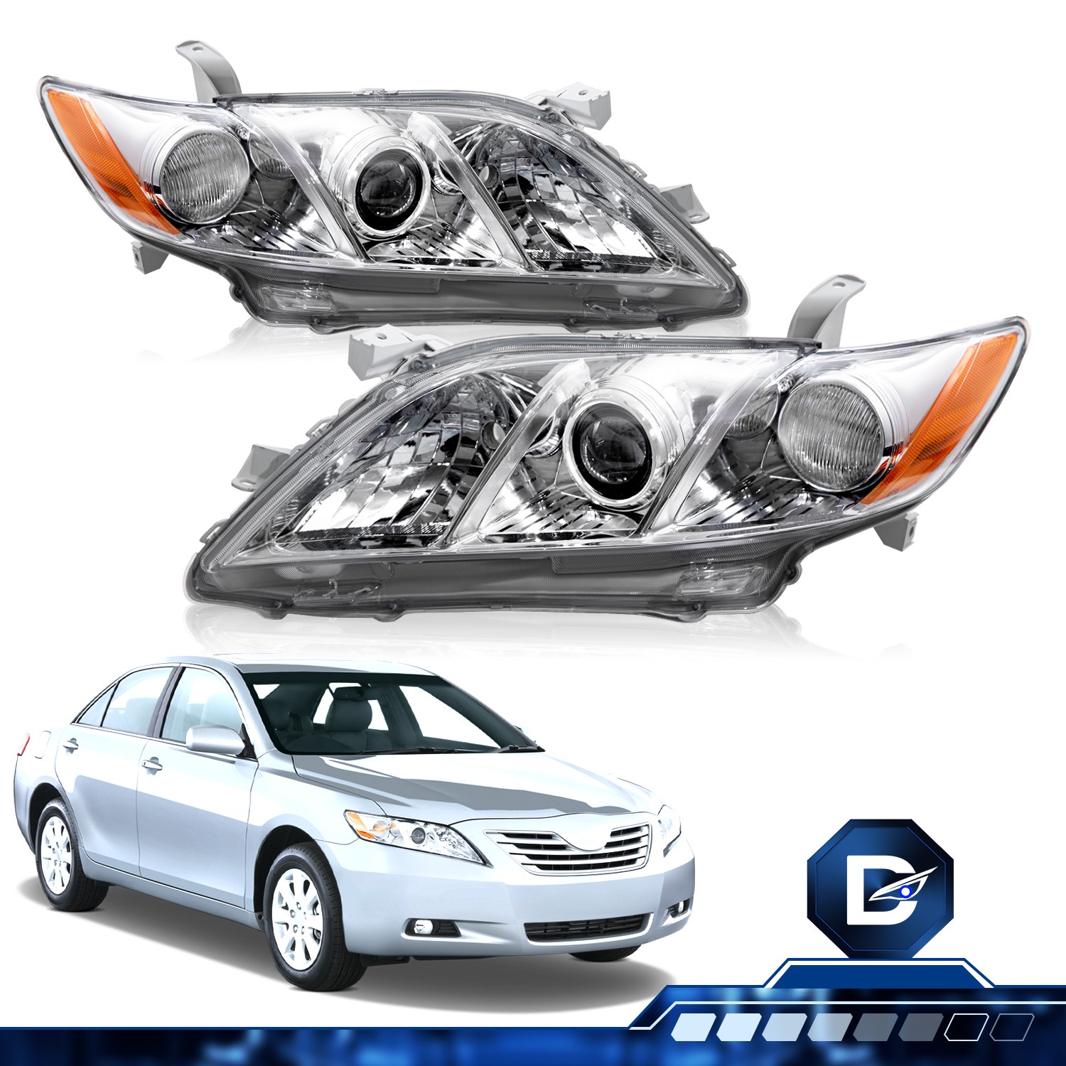 For 2007 2008 2009 Toyota Camry Chrome Amber Projector Headlights Assembly Pair