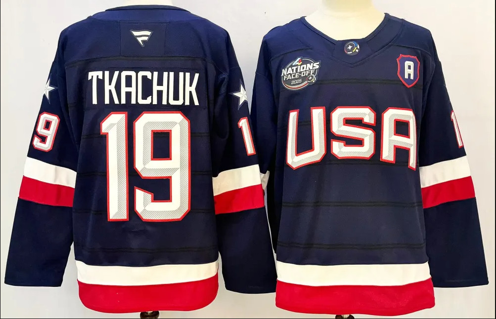 Men\'s Matthew Tkachuk 19# USA 4 Nations Face-Off MEN ALL Stitched Navy Sizes