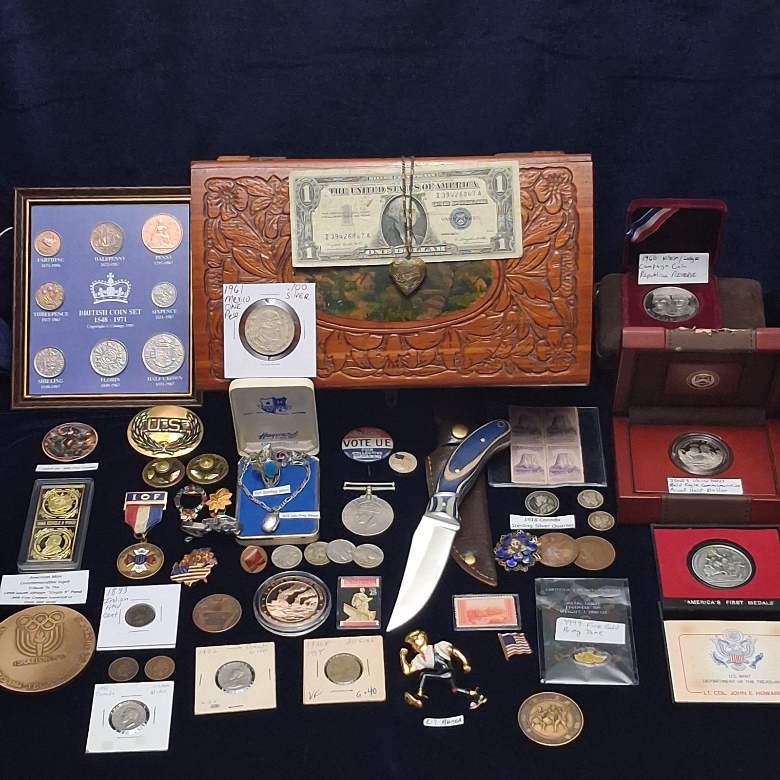 Estate Sale Grandpa's Junk Drawer Lot Silver Copper Gold & Coins Knife Medals