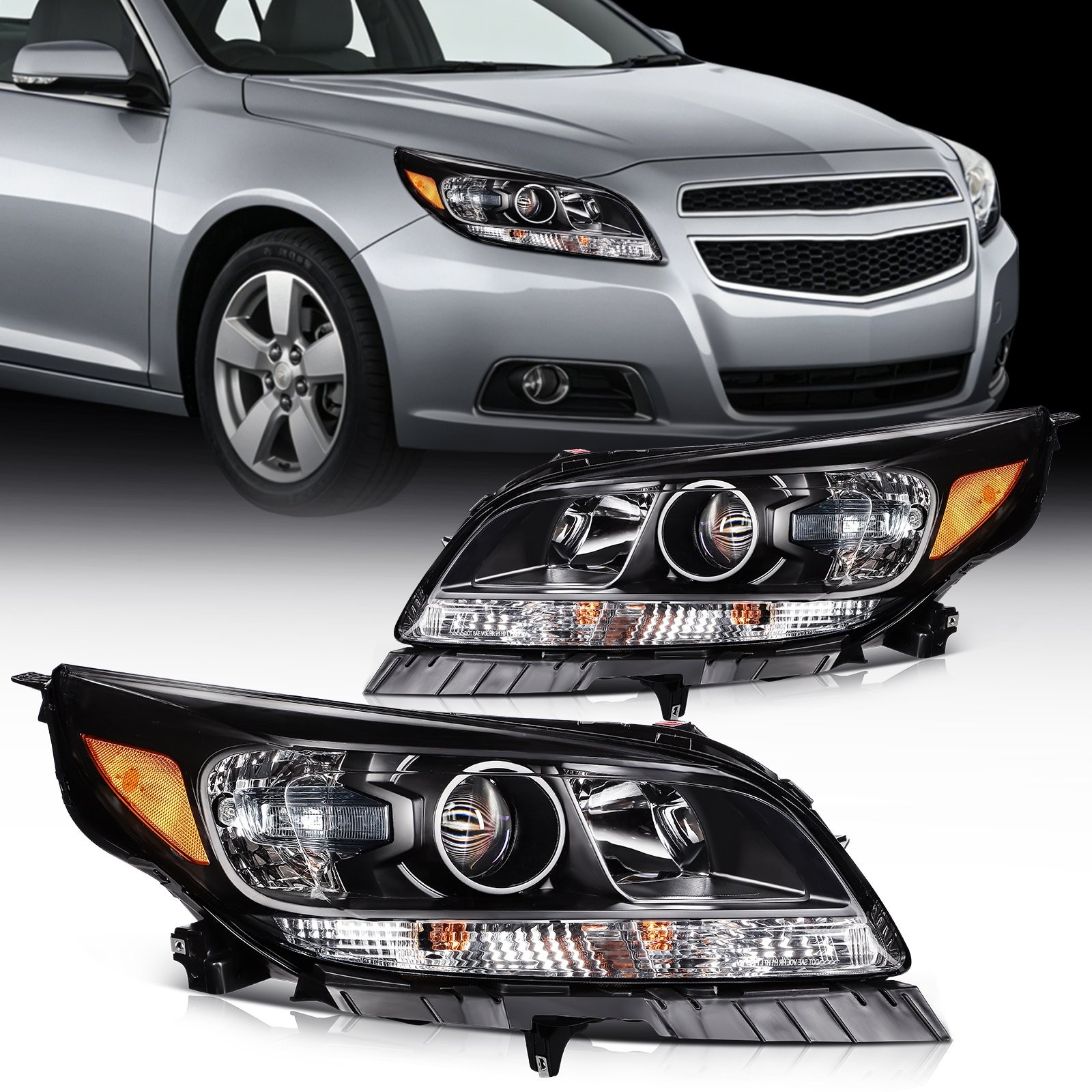 Pair Kit Halogen Headlights w/Bulbs For 2013-2015 Chevrolet Malibu Black Amber