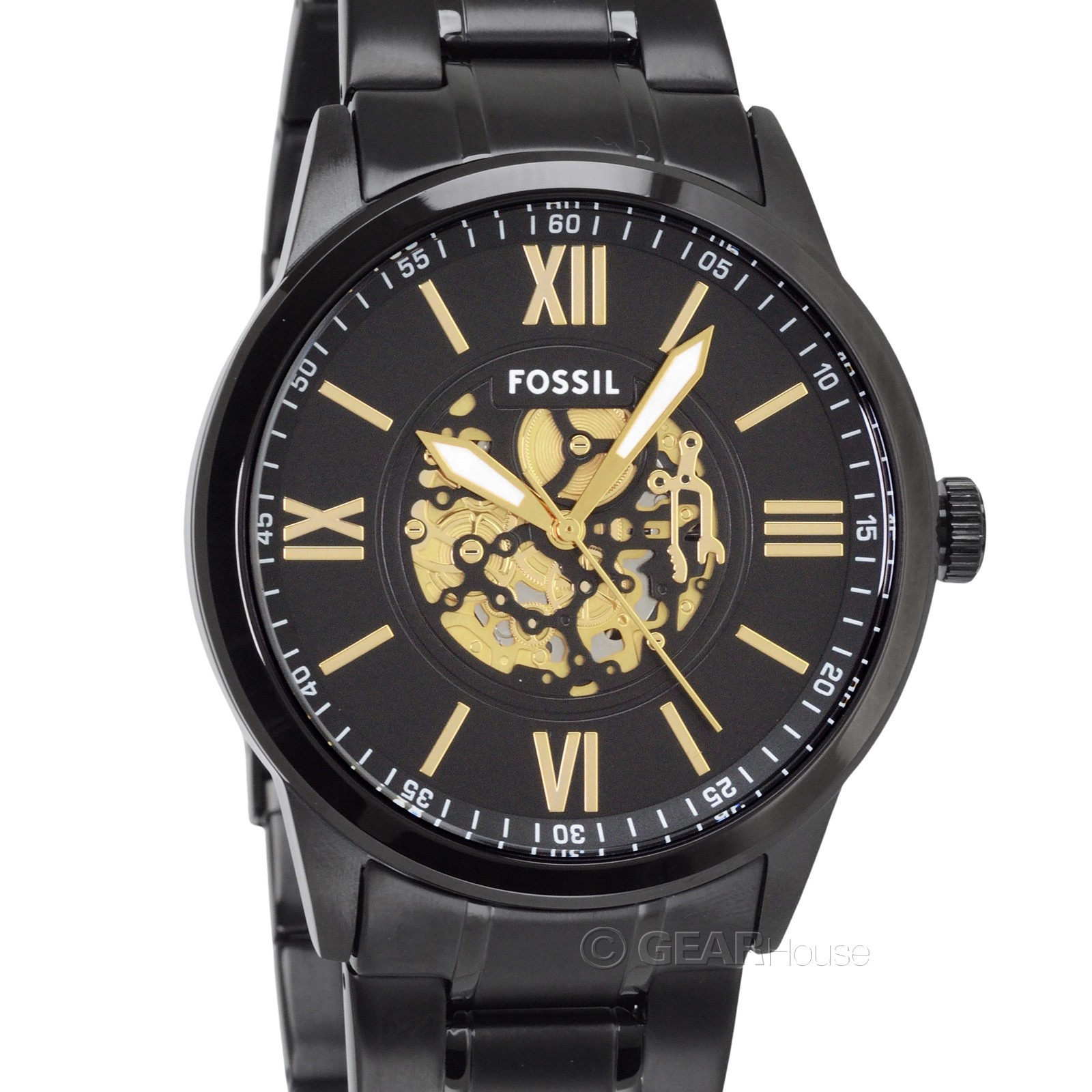 FOSSIL Flynn Mens 48mm Watch, Large Black & Gold Dial, Stainless Steel Band