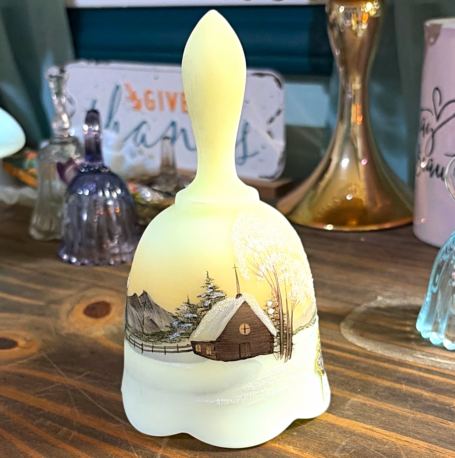 Vintage Fenton Hand Painted Custard Glass Bell Winter Scene Signed 1978 7466CV Vintage Fenton Hand Painted Custard Glass Bell Winter Scene Signed 1978 7466CV