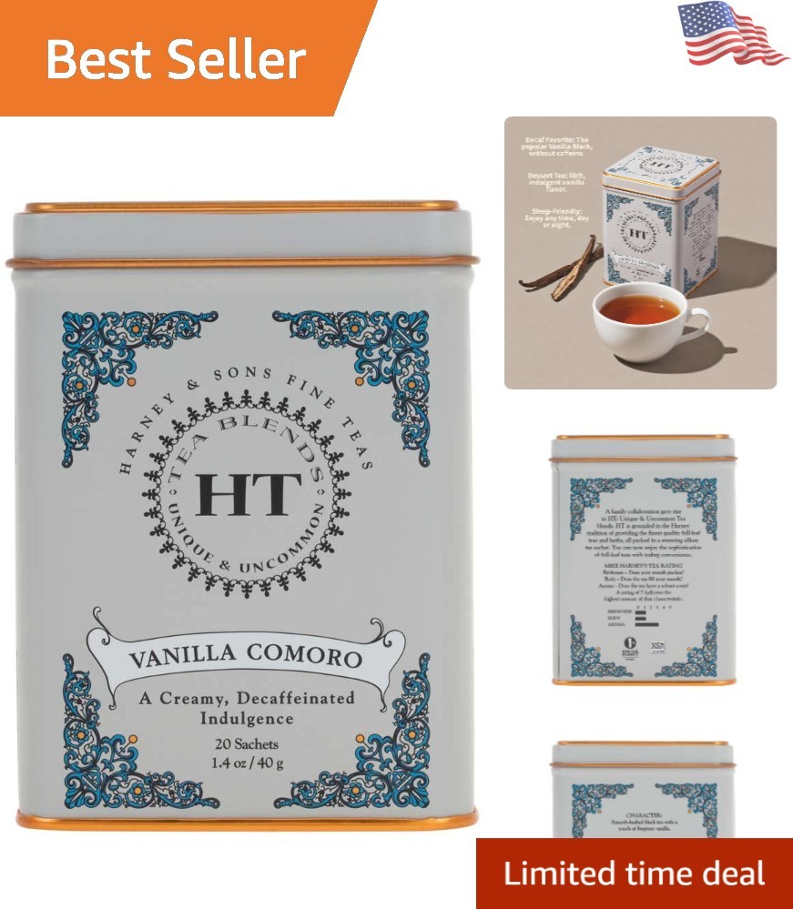 Gourmet HT Vanilla Comoro Decaf Black Tea - 20 Pyramid Sachets in Stylish Tin