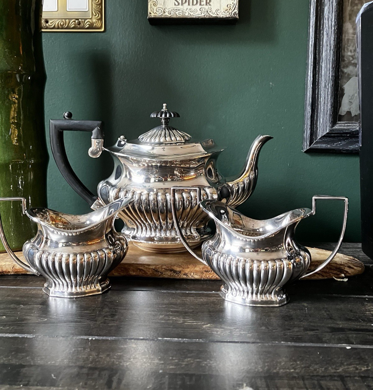 Vintage Sheffield England Silver Tea Set Fluted EPNS Teapot TF Dark Academia