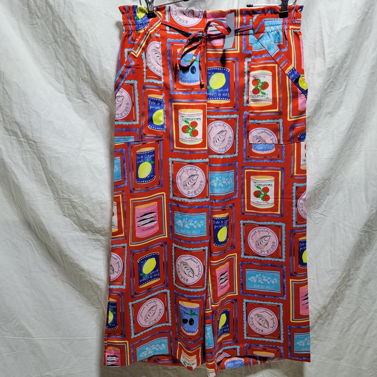 NWT LOFT Red Wide Leg Pants Novelty Can Goods Print Women\'s Size Large Petite