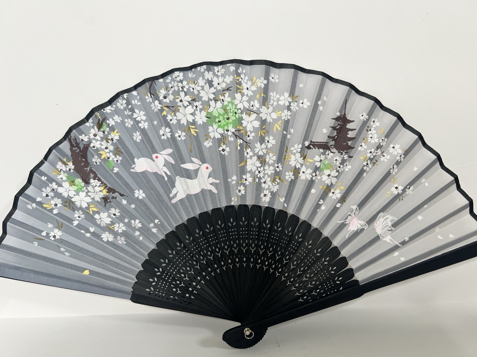 ⁠Vintage Japanese Silk Folding Hand Fan Sheer Grey White Rabbits Pagoda Blossoms