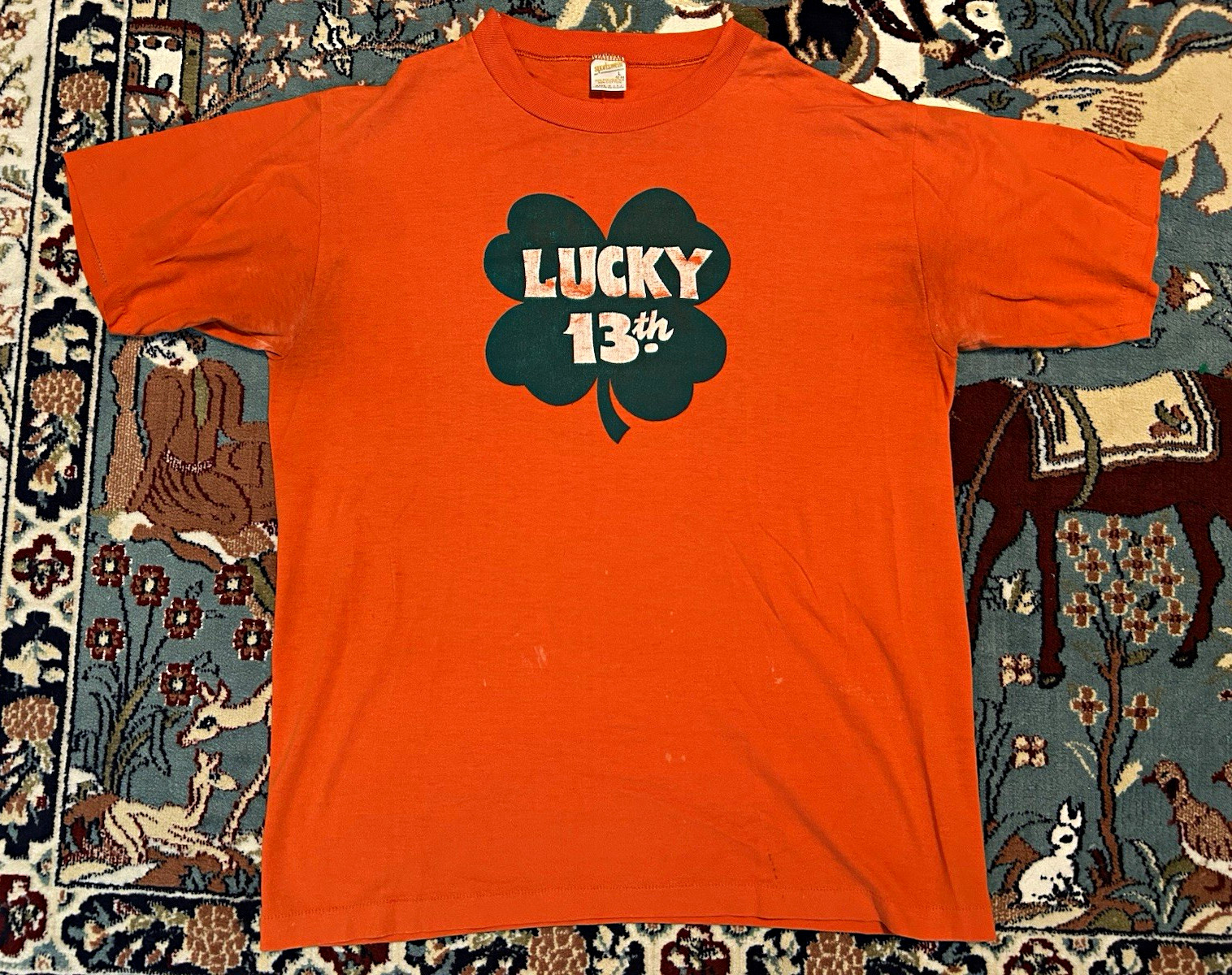 70s Vintage Single Stitch Sportswear Lucky 13th Shamrock Orange Shirt Men’s L