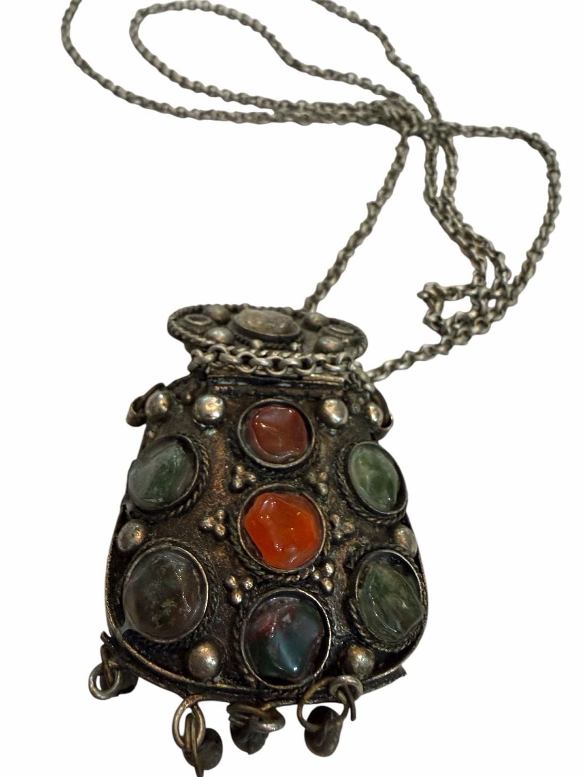 Vintage Sajai Tibetan  Purse Pendant Necklace Agate Stones