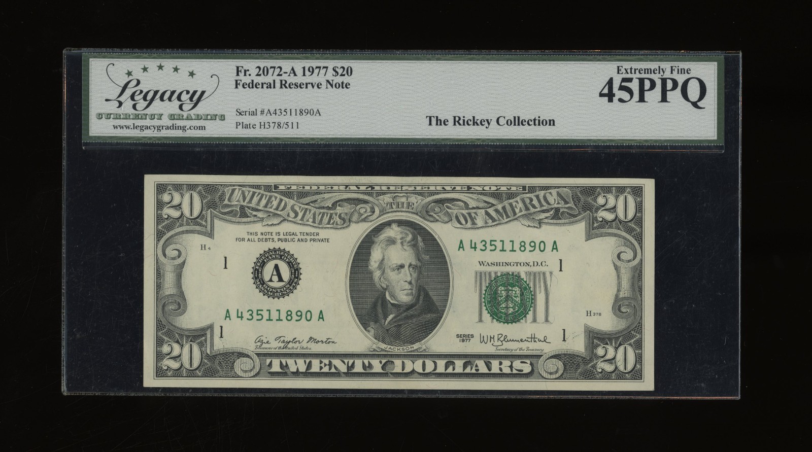 DBR 1977 $20 FRN Boston Fr. 2072-A Legacy 45 PPQ Serial A43511890A