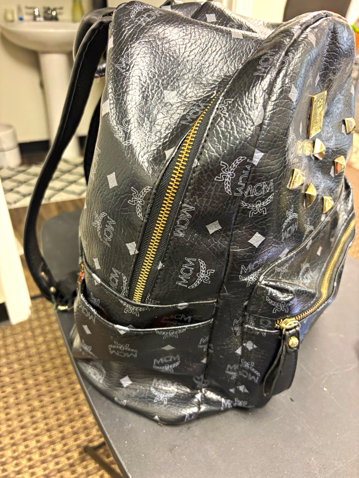 MCM Black Logo Pattern Backpack Zip Closure Adjustable Straps Pockets MCM Black Logo Pattern Backpack Zip Closure Adjustable Straps Pockets