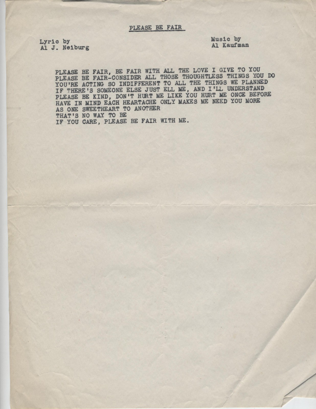 Vintage 1938 Lyric Sheet PLEASE BE FAIR Al J. Neiburg Al Kaufman Jazz Big Band 2