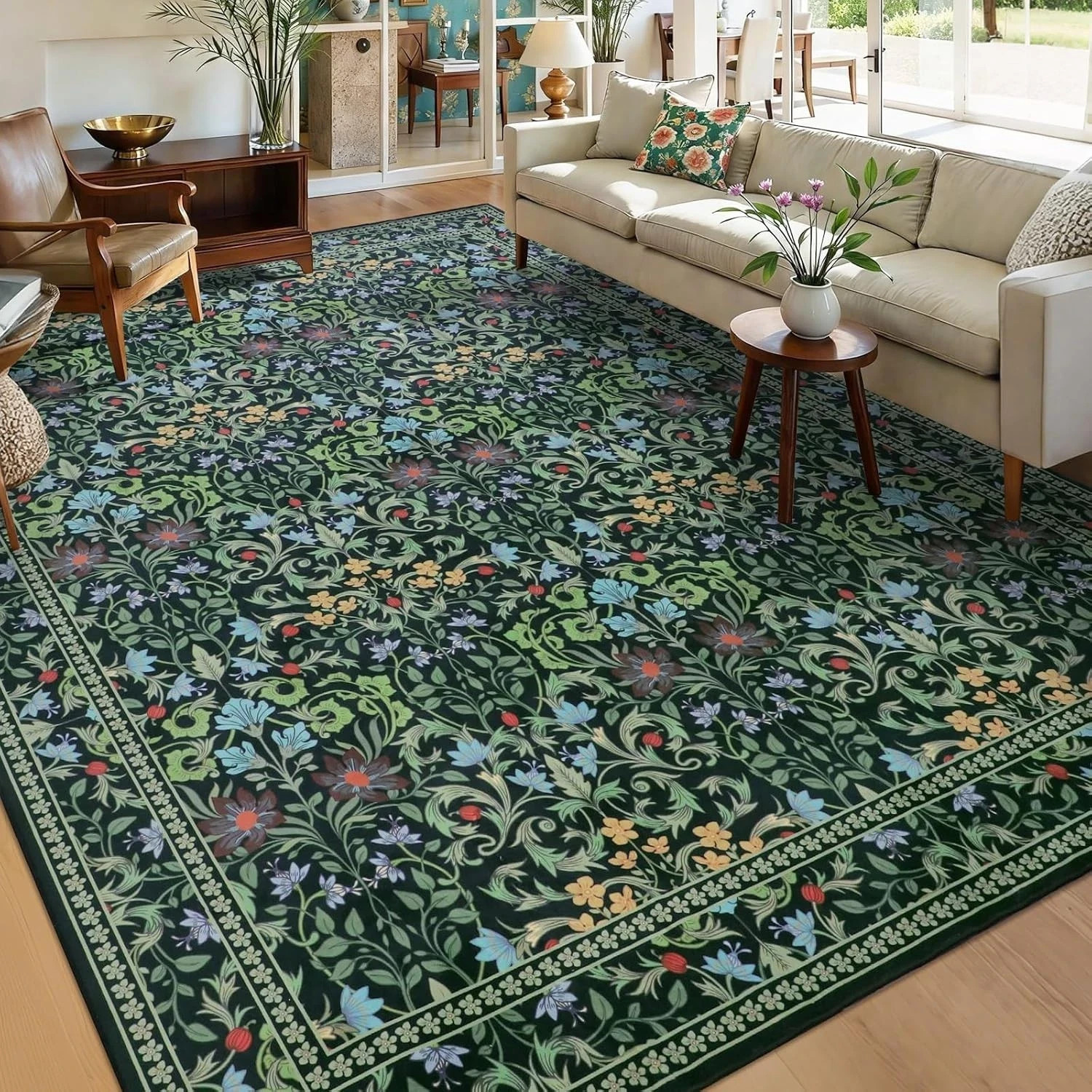 Vintage Floral Dark Green 8x10 Washable Area Rug for Living Room & Office