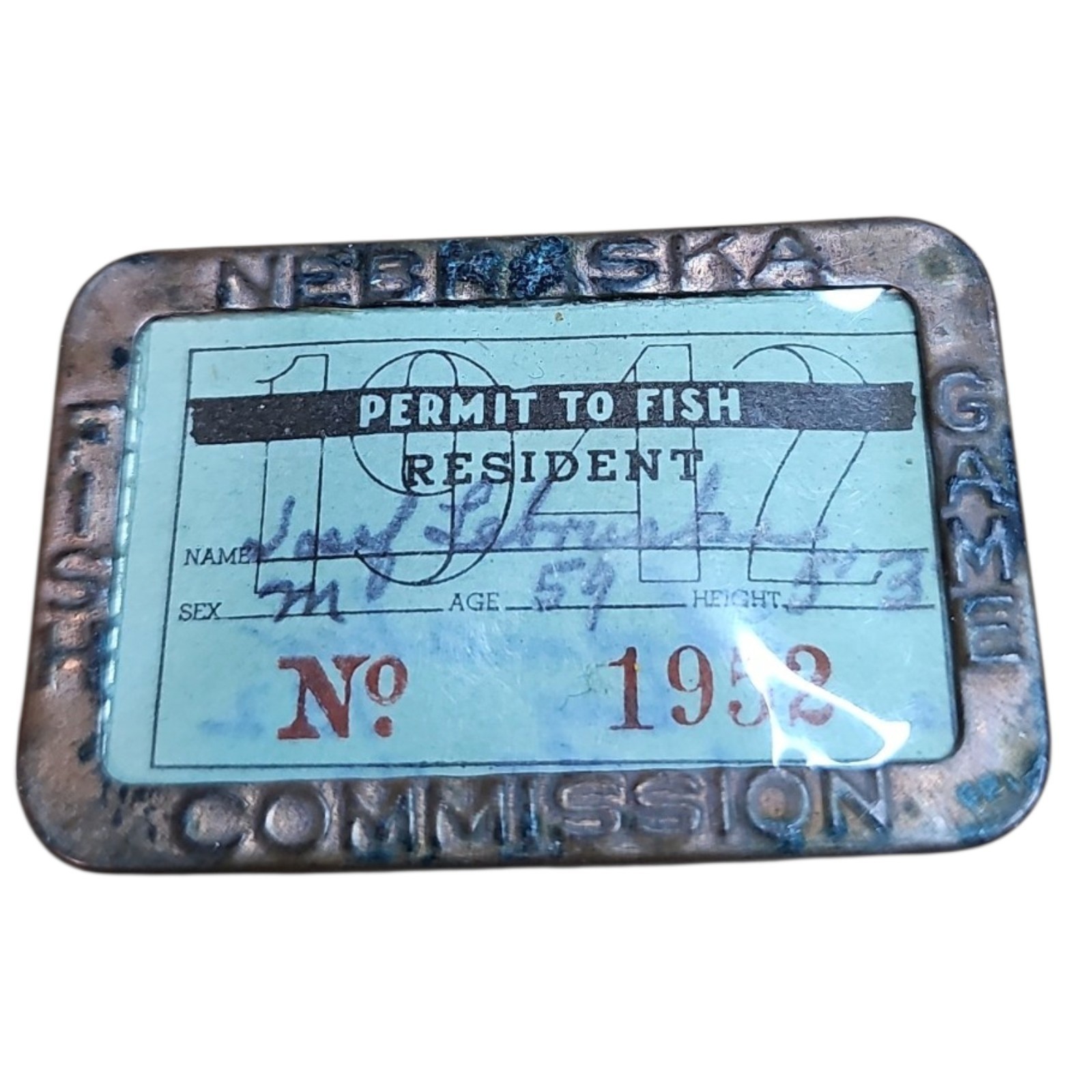 Vintage 1952 Nebraska Resident Fishing Permit Metal Badge Holder License Vintage 1952 Nebraska Resident Fishing Permit Metal Badge Holder License