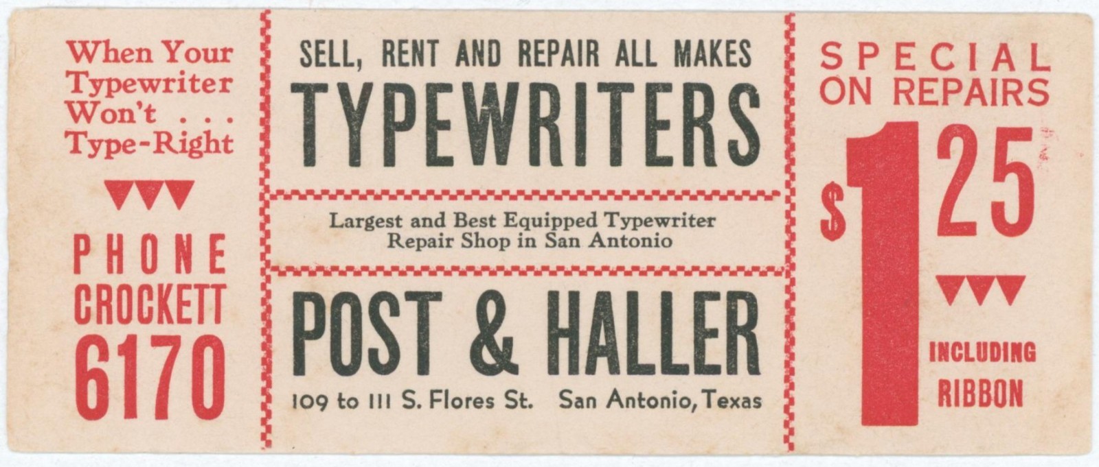c1930 Post Haller Typewriter Advertising Ink Blotter San Antonio Texas Repair