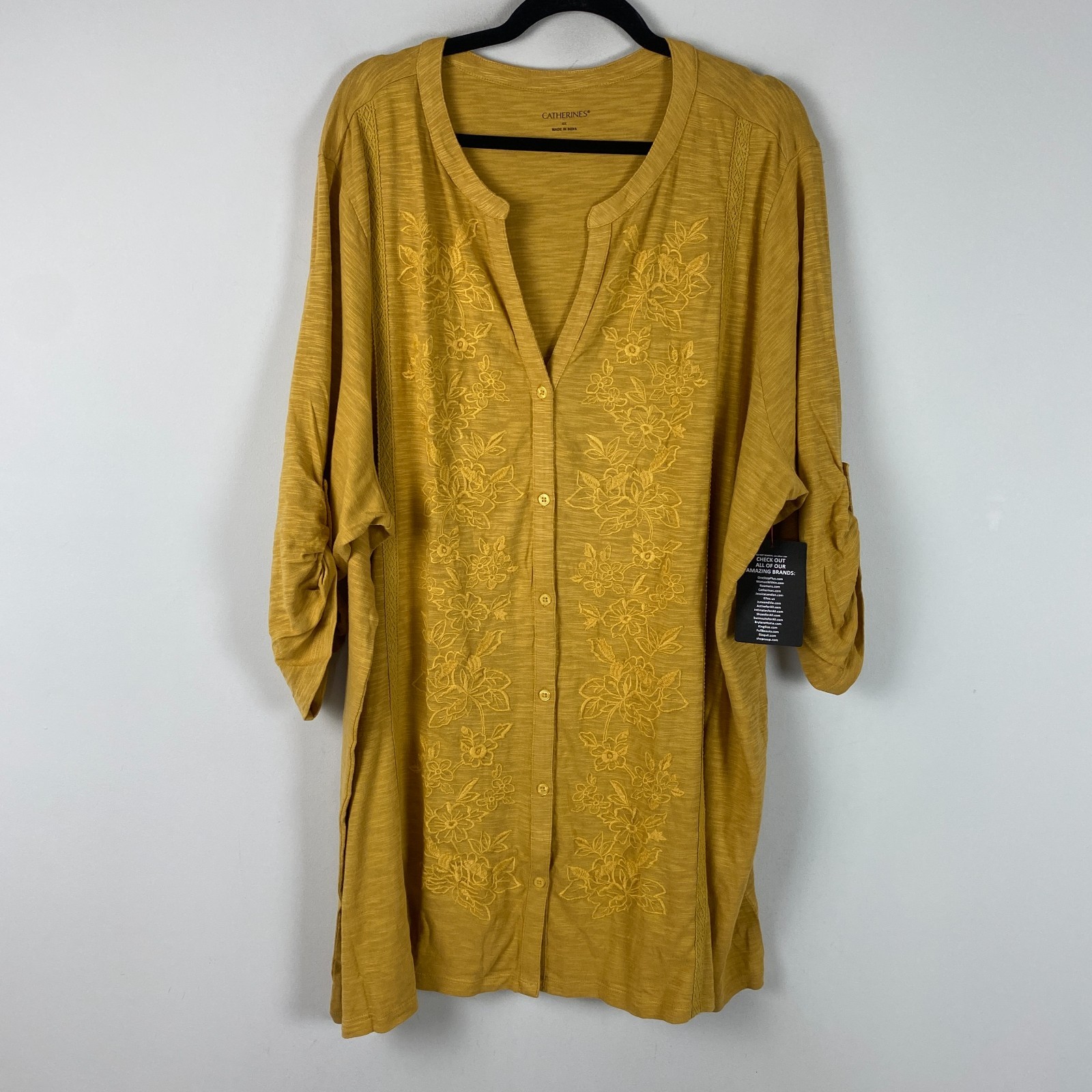 Catherines Embroidered Button Front Tunic Size 4X Honey Mustard Floral