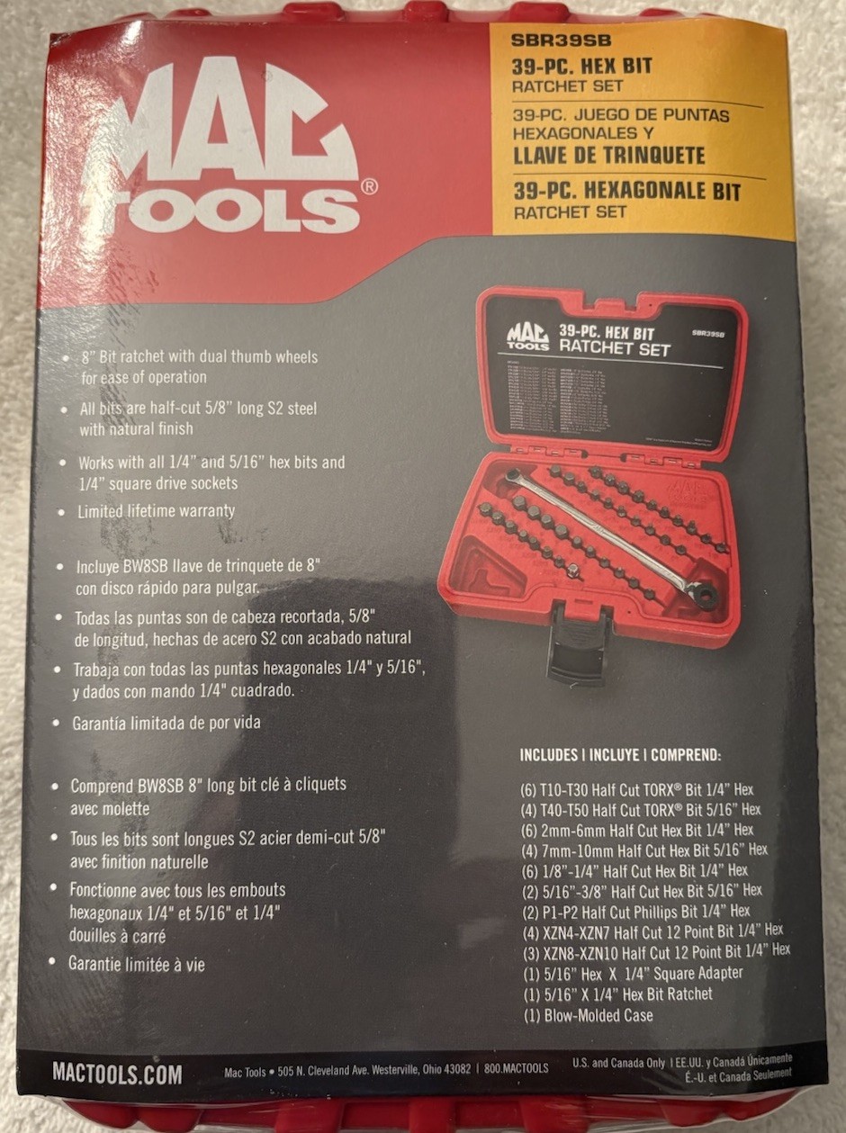 Mac Tools 39 Pc. Hex Bit Ratchet Set w/Case