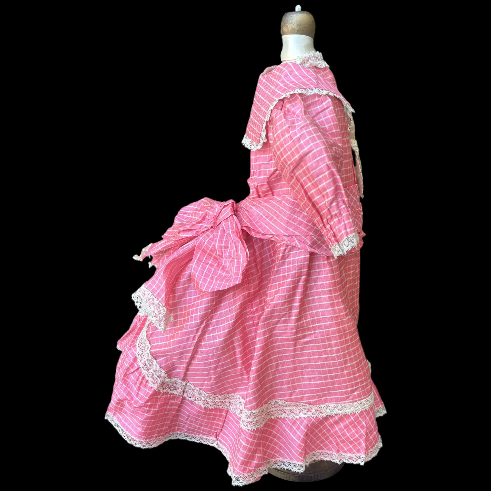 Gorgeous Antique c1890s Factory Silk Taffeta Pink Bustle Dress for Large Bisque