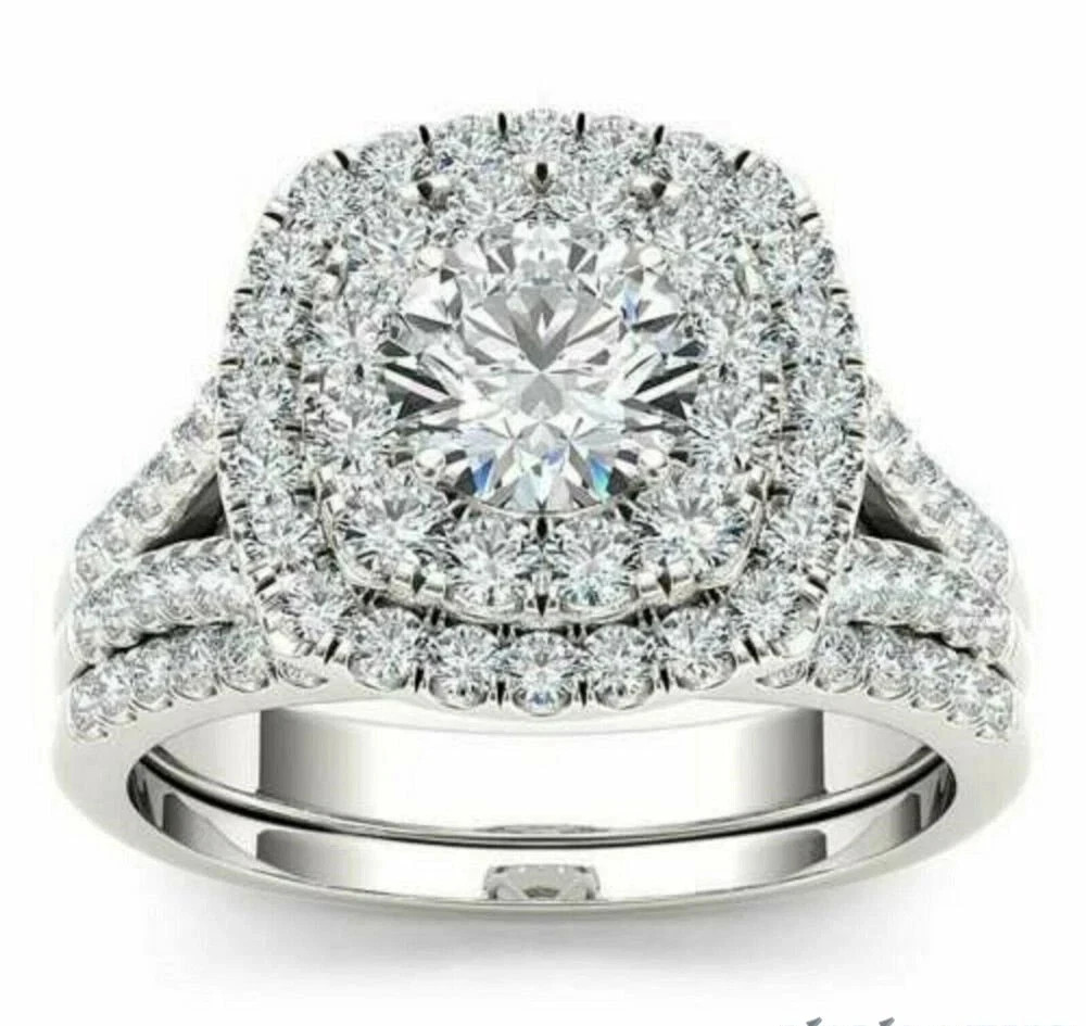 2.50 CT Round Moissanite Double Halo Bridal Set Ring Solid 14K White Gold