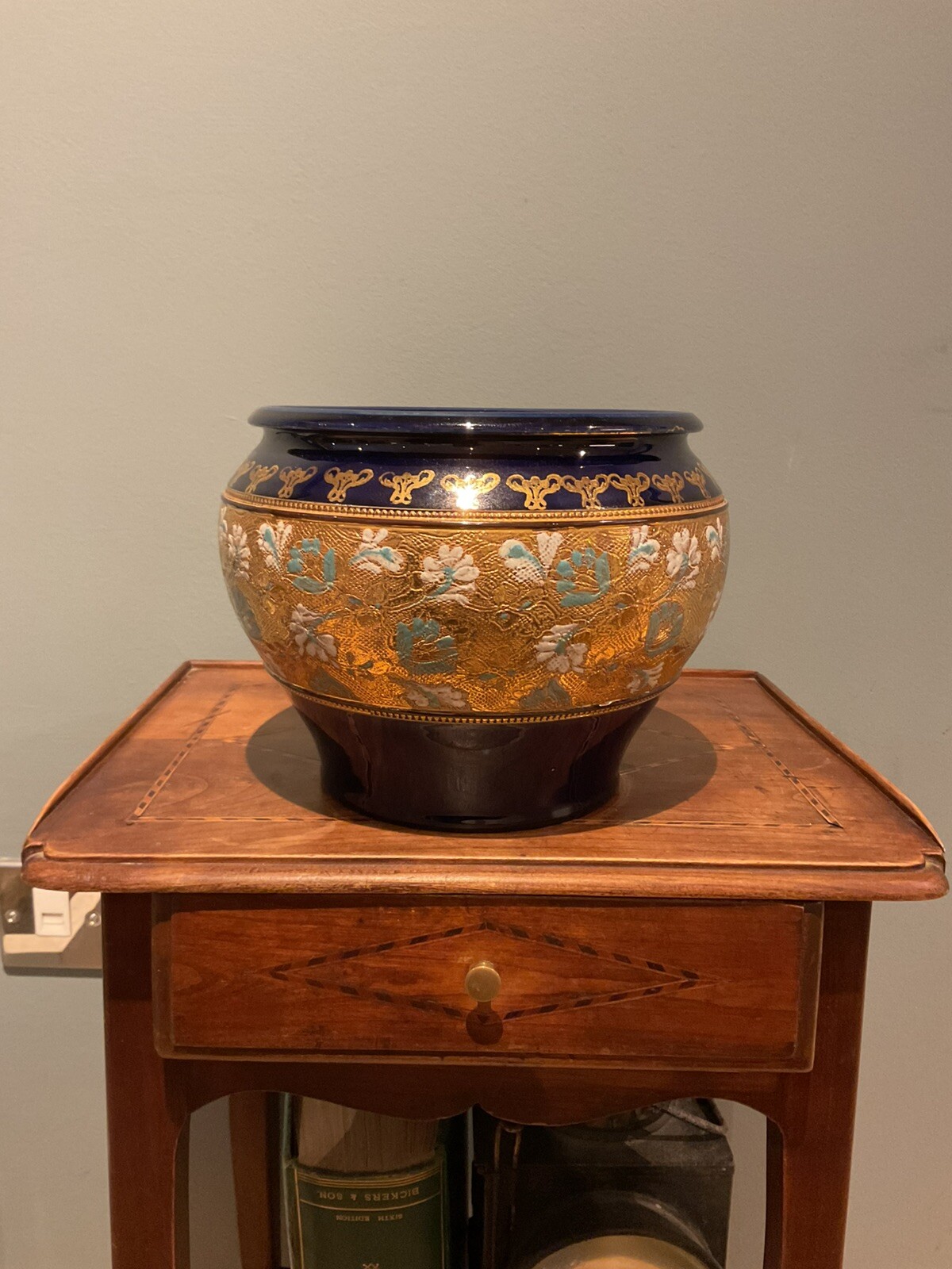 Antique Royal Doulton Lambeth Slaters Patent Jardiniere Cobalt Blue Planter 22cm