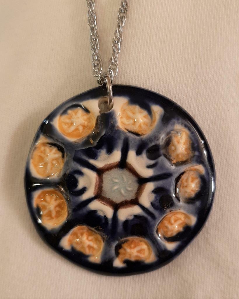 Stunning Sculpted Blue Yellow White Green Ceramic Medallion Silvertne Necklace
