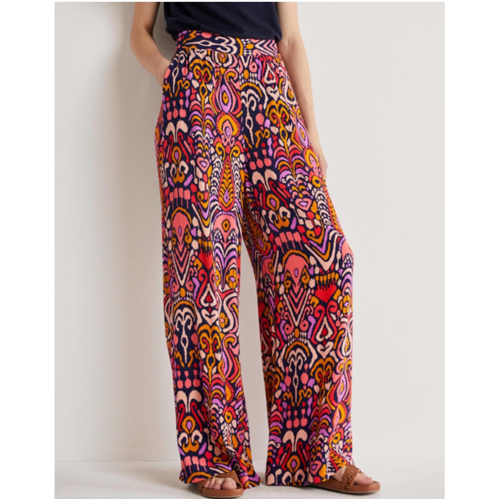 Boden Grace Crinkle Wide Leg Pull On Pants Size 10 Floral 70s Hippie Boho