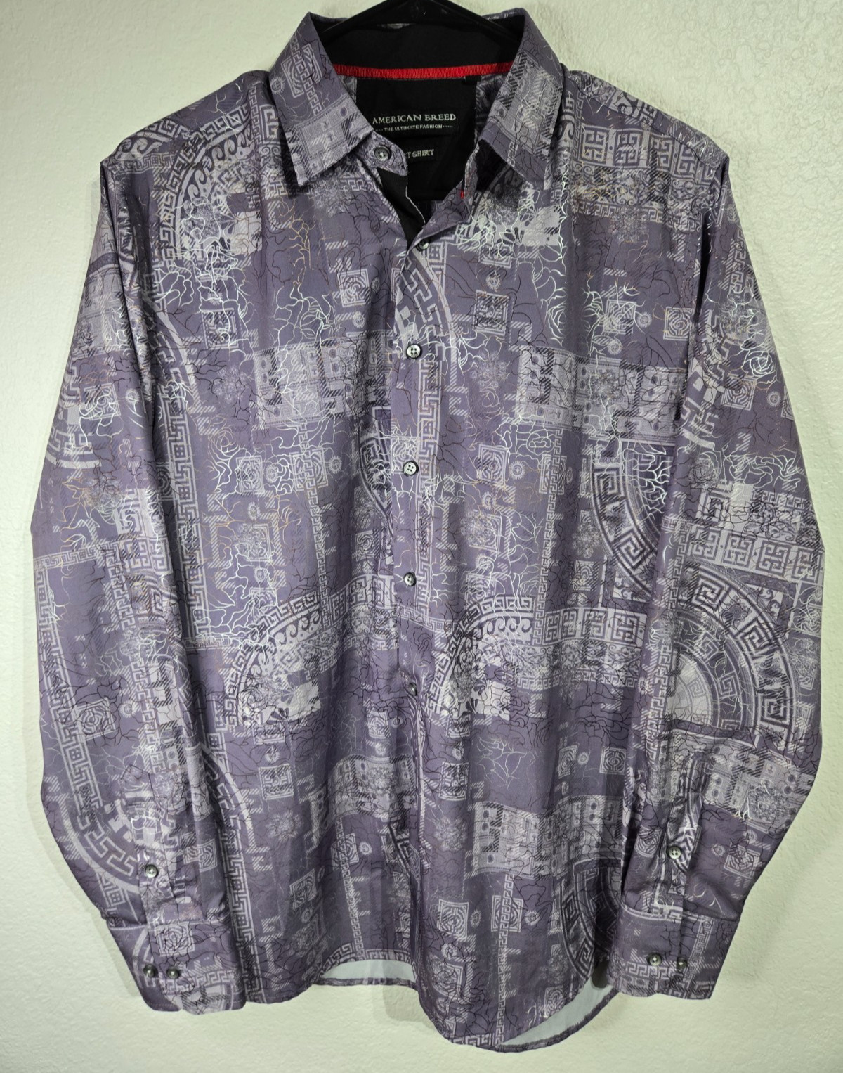 American Breed Smart Shirt Mens Size Medium Purple Button Up Abstract Tee American Breed Smart Shirt Mens Size Medium Purple Button Up Abstract Tee