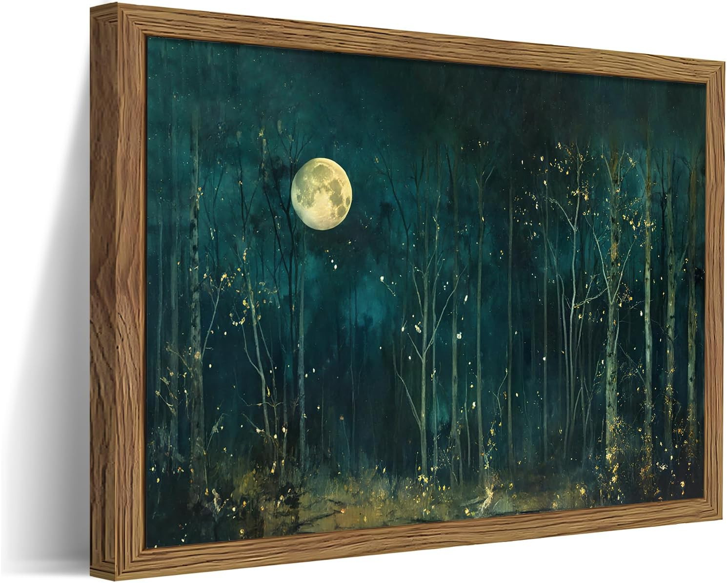 Vintage Moon Forest Wall Art, Dark Green Nature Landscape Canvas Wall Decor Pain