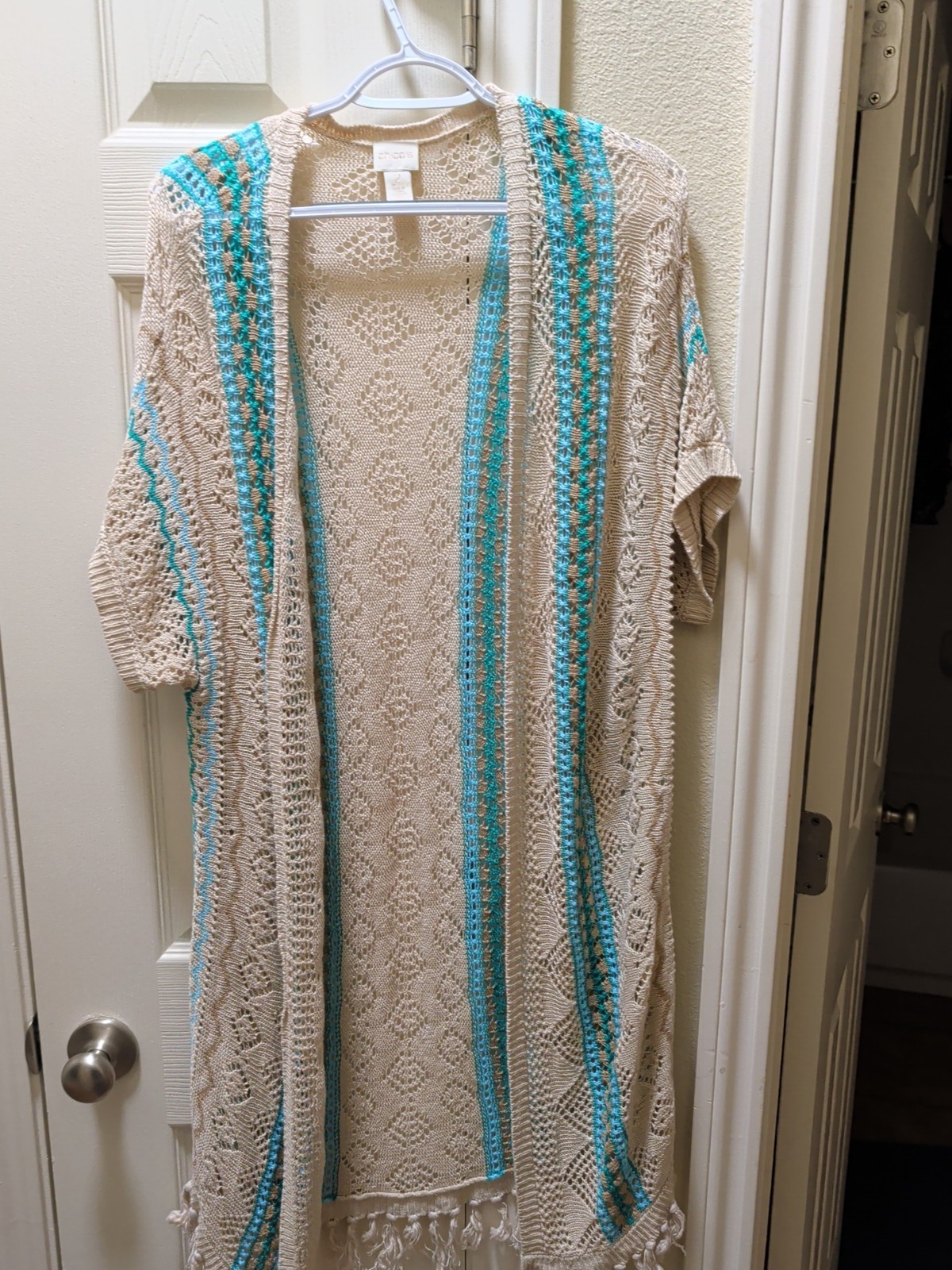 Chico\'s Open Knit Duster Cardigan Sweater Women\'s Size 2/12/L Tan/Beige