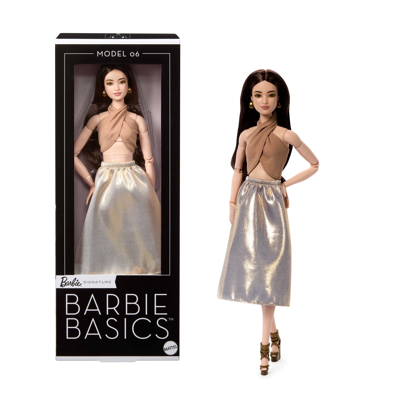 Barbie Basics Collectible Doll, Model 06 with Brunette Hair in Shimmery Golden S