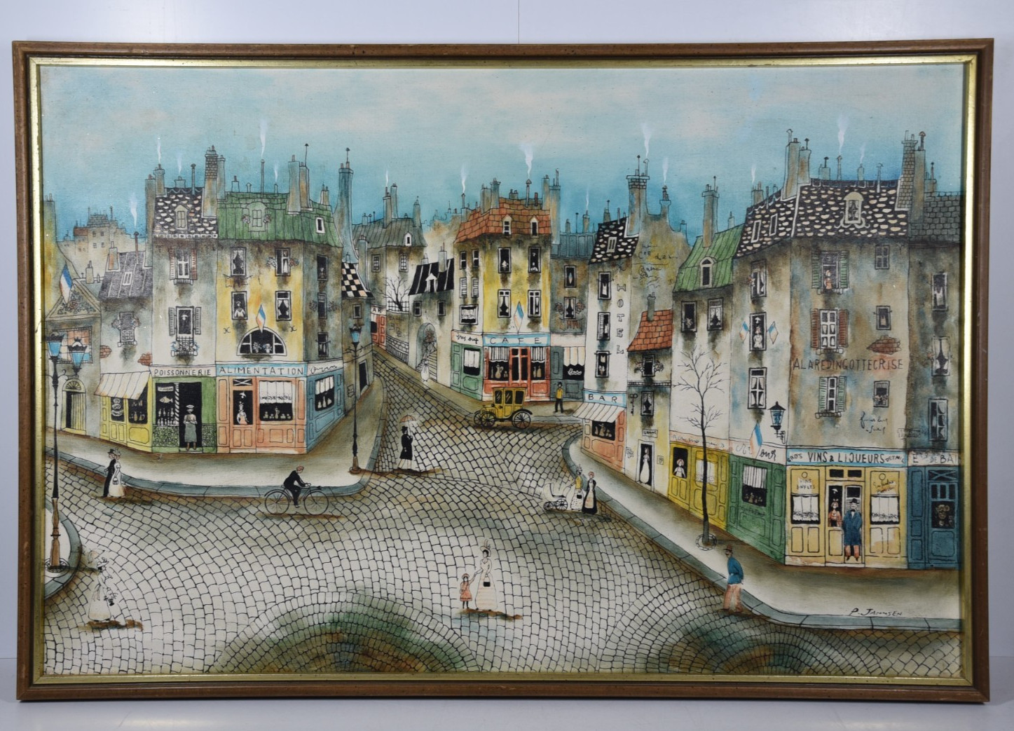 Vintage MCM Art Painting Large Parisian Cobblestone Street Scene European Shops