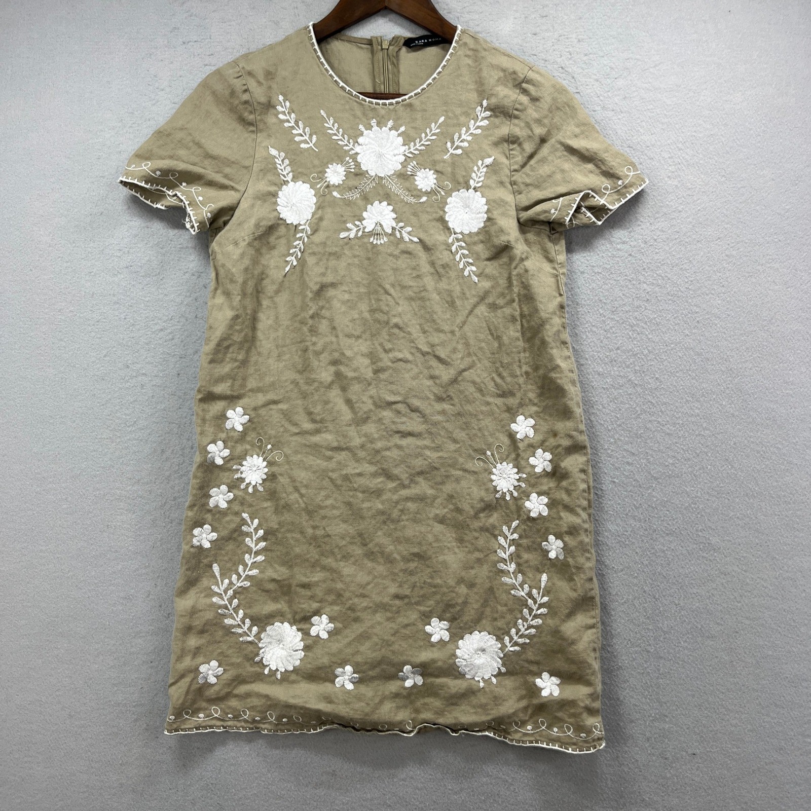 Zara Woman Shift Dress Womens 17.5x31 Khaki Floral Embroidered Boho Midi Linen