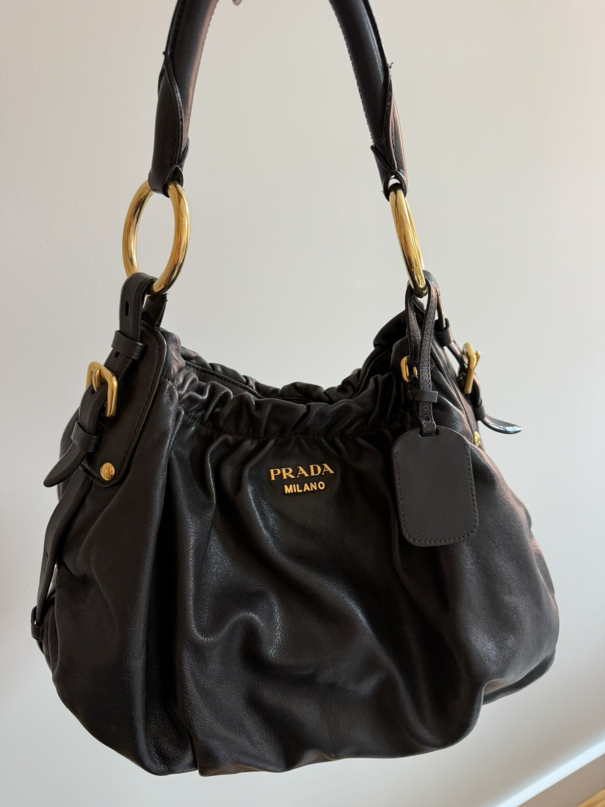 Authentic PRADA Leather Shoulder Bag Hand Bag Black Gold Hardware Used F/S
