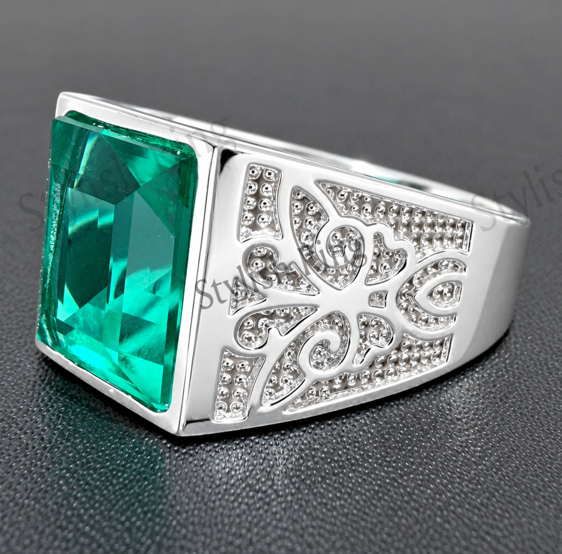 Green Emerald Gemstone Ring For Men\'s With 925 Sterling Silver Emerald Cut Ring