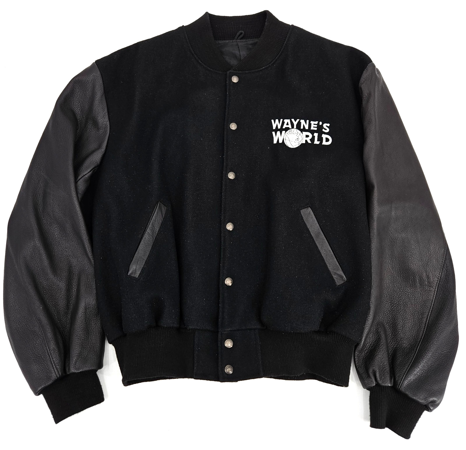Vintage Wayne\'s World Movie Cast & Crew Black Wool Leather Varsity Jacket 3XL