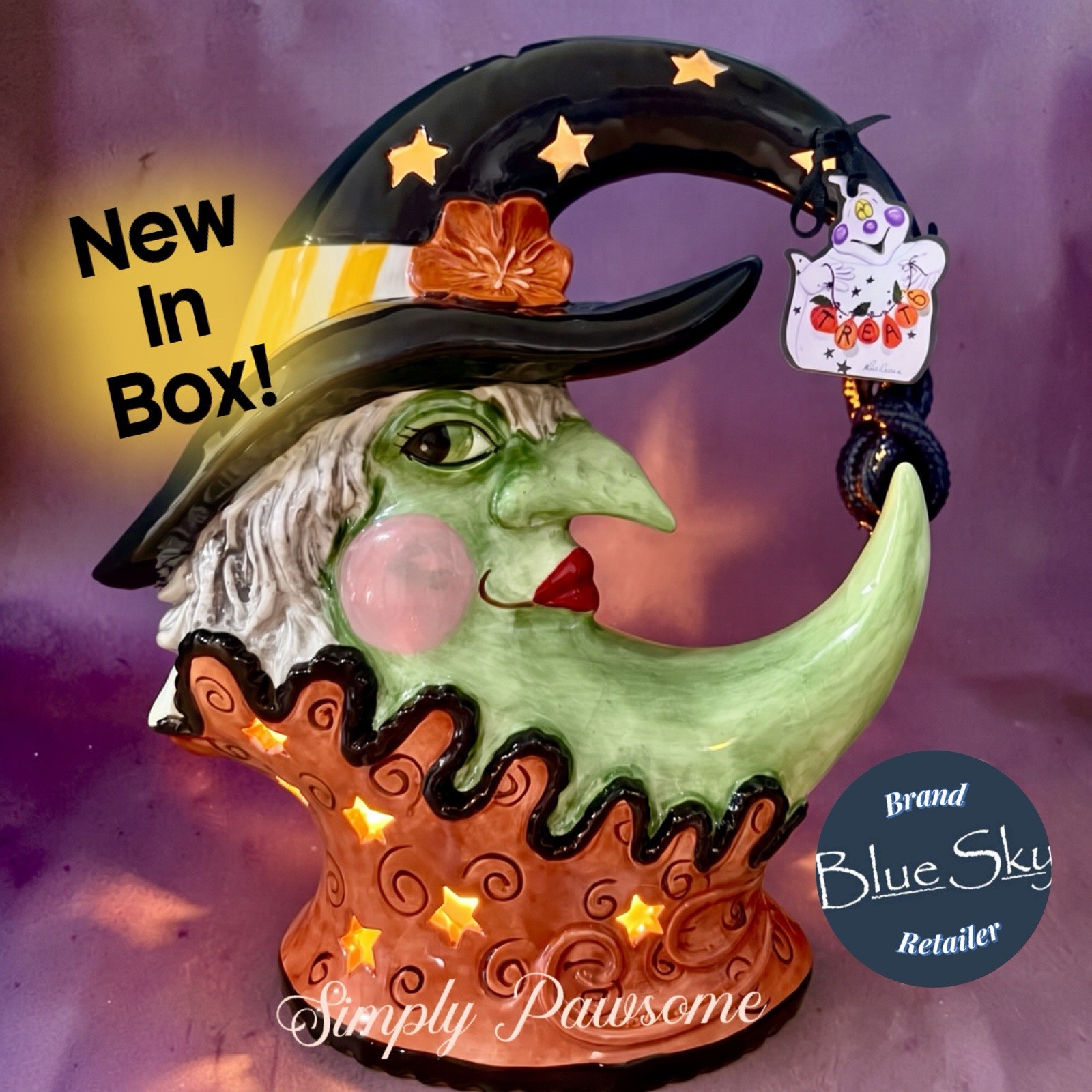 Blue Sky Clayworks CRESCENT MOON WITCH  12” Halloween Candle House NEW IN BOX
