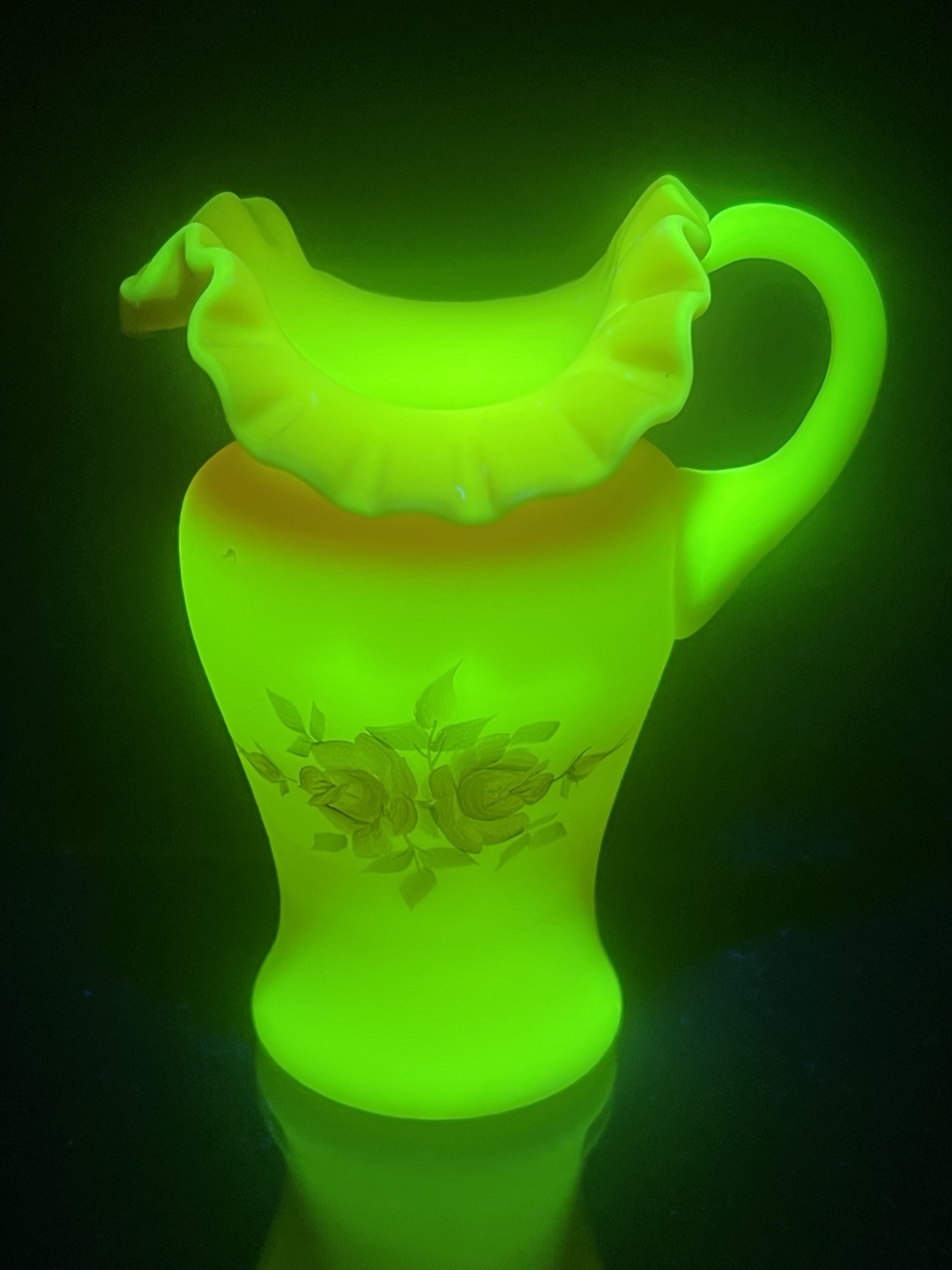 VTG Fenton Burmese Glass Hand Painted Rose Ruffled Crimped Pitcher Signed Artist VTG Fenton Burmese Glass Hand Painted Rose Ruffled Crimped Pitcher Signed Artist