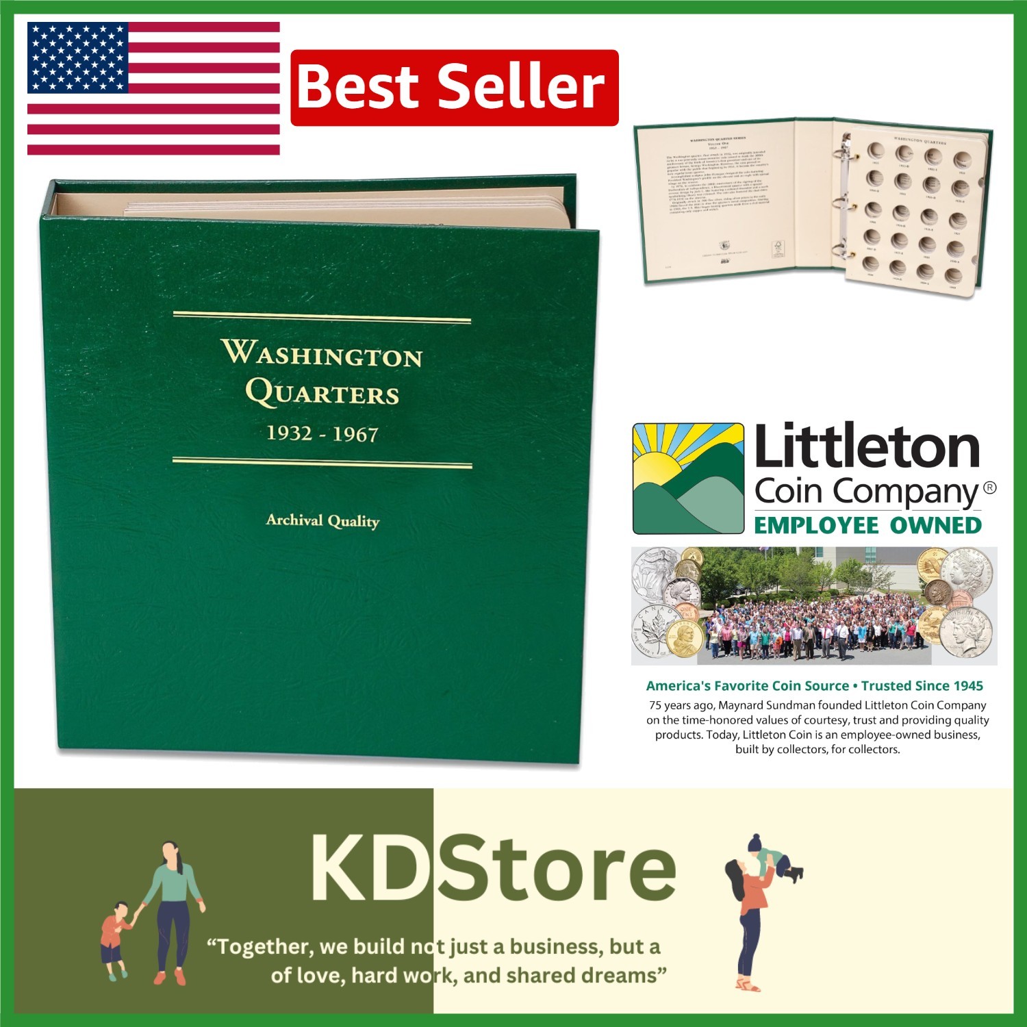 1932-1967 Washington Quarter Album Vol 1 Coin Collection Storage Green PP