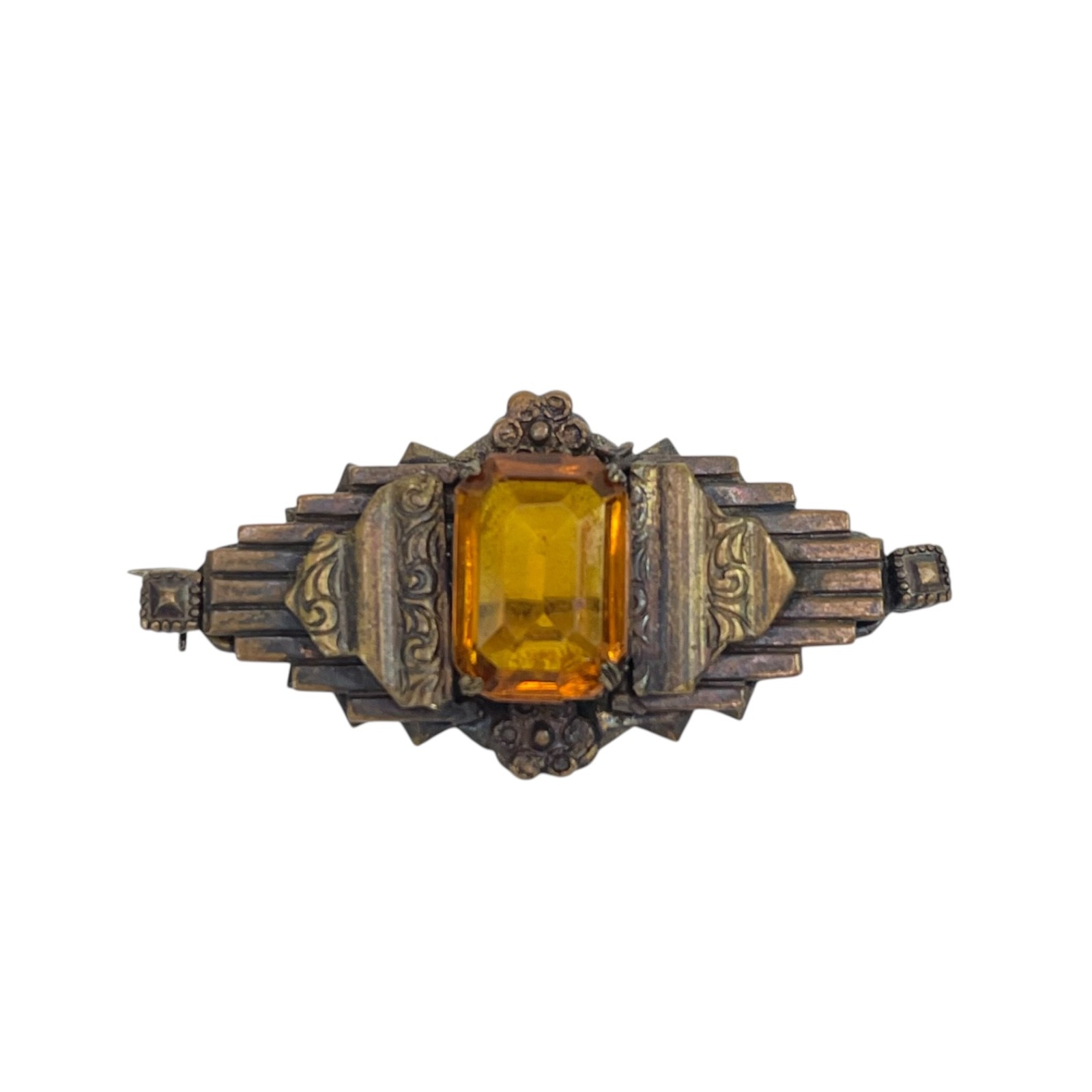 Czech Brass Filigree Pin Brooch Amber Faceted Glass Stone 1930s Vintage 2 inches Czech Brass Filigree Pin Brooch Amber Faceted Glass Stone 1930s Vintage 2 inches