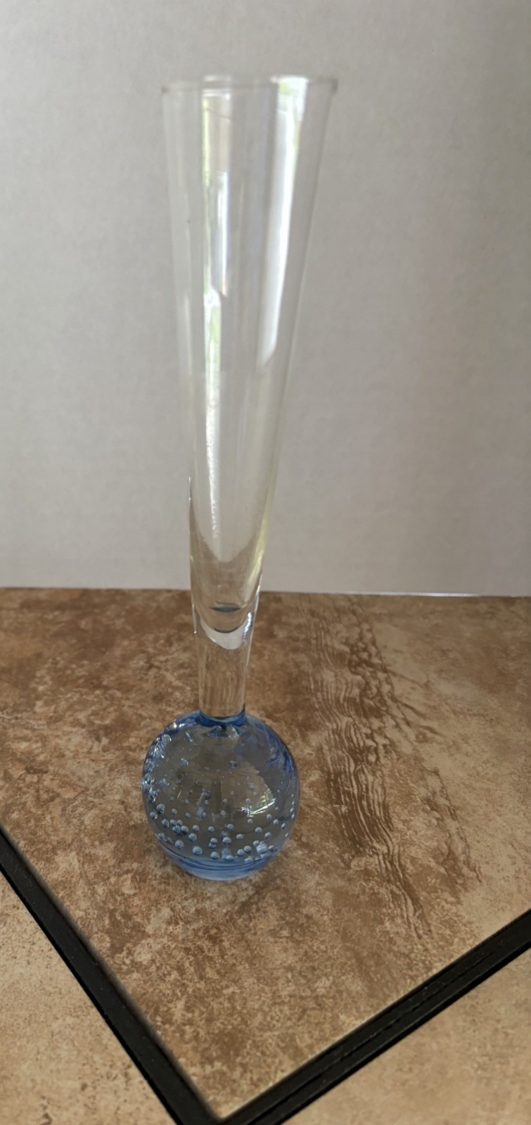1950s Mid-Century Modern MCM Blue Bubble Glass Bud Vase 8.25 inch
