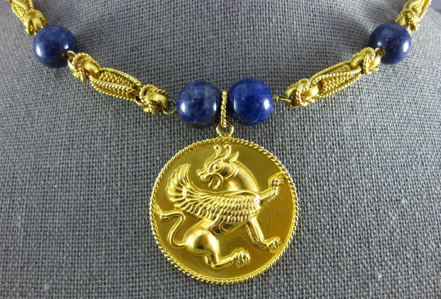 ESTATE LARGE AAA LAPIS 18KT YELLOW GOLD 3D CLASSIC FILIGREE DRAGON FUN NECKLACE