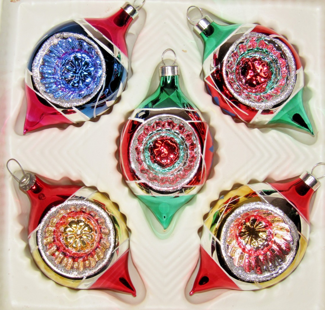 Lot VTG Glass Glitter Indent STAR Embossed Pictured LRG DROP Christmas Ornaments