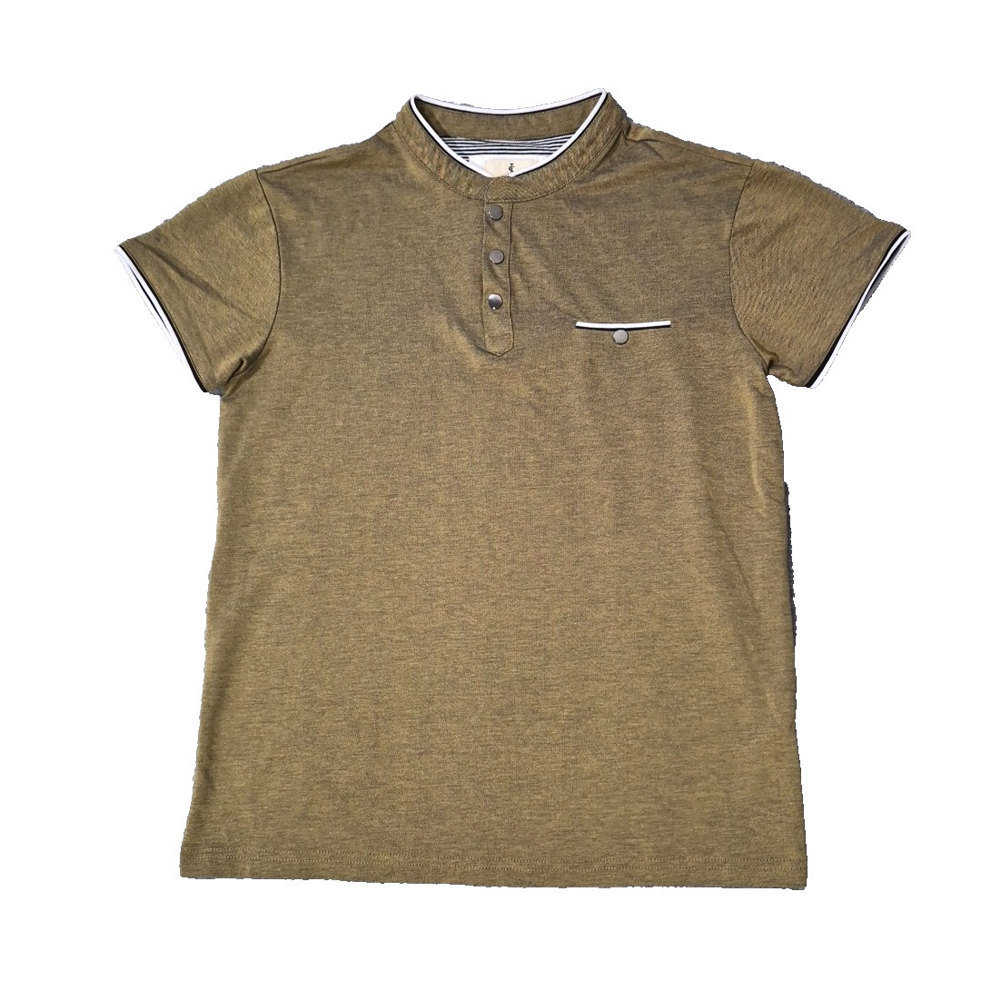 Scott James Henley Polo Shirt Men\'s Sz M Banded Collar Sulfur Gold Khaki