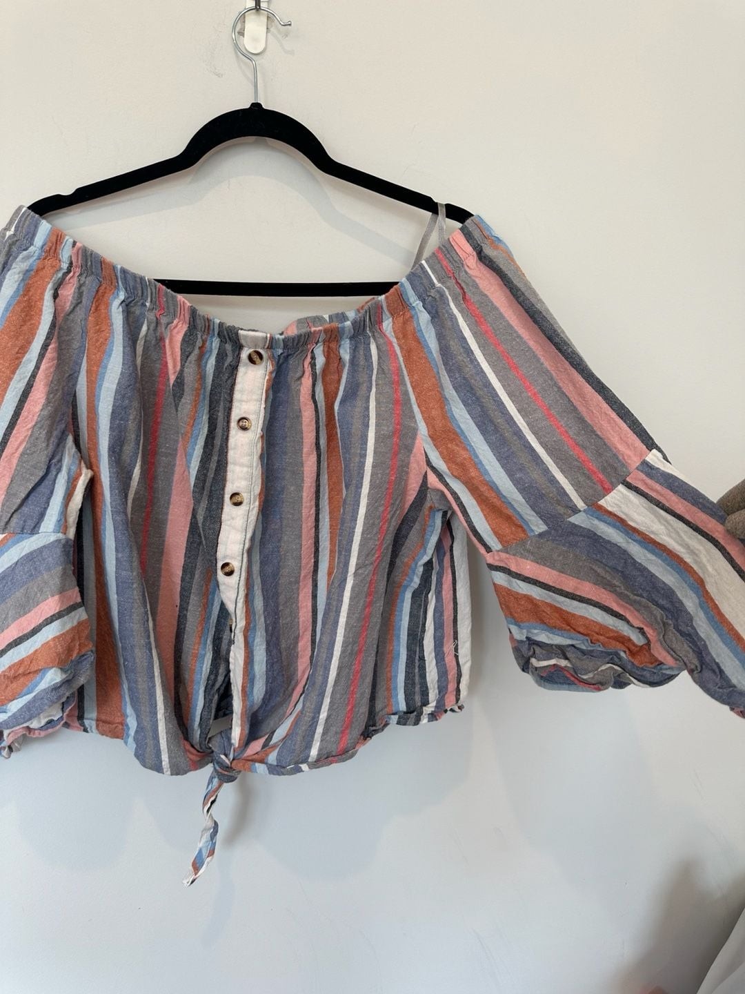 MLLE Off The Shoulder Striped Button Front Tie Hem Blouse 2X MLLE Off The Shoulder Striped Button Front Tie Hem Blouse 2X